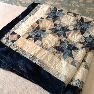 OOAK handmade Patchwork star Quilt in  Blue and Cream w/ silk/rayon velvet edge